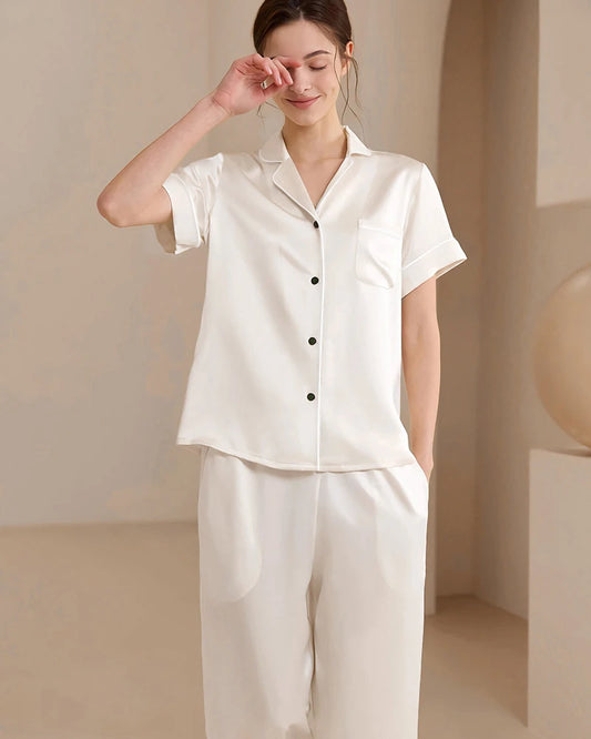 Waschbares Seiden-Pyjama-Set mit Kurzarm und langer Hose