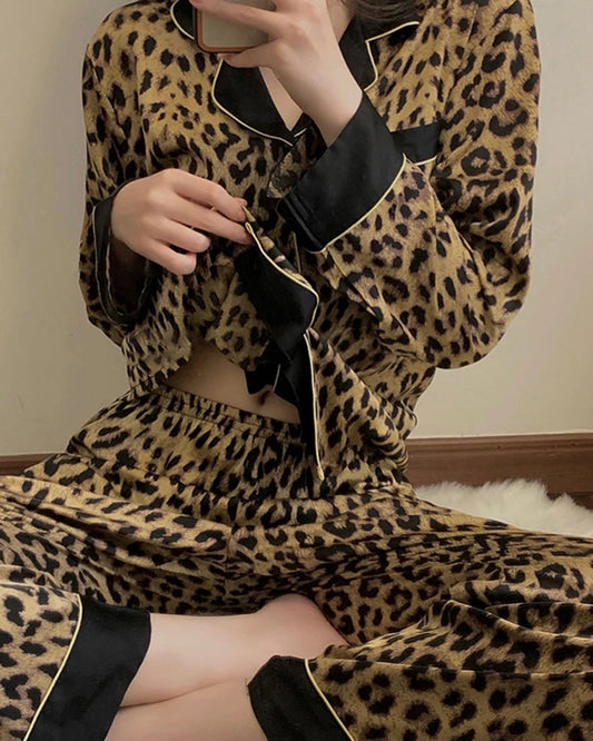 Leopard Seiden-Pyjama Set Langarm – Damen
