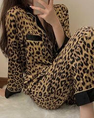 Leopard Seiden-Pyjama Set Langarm – Damen