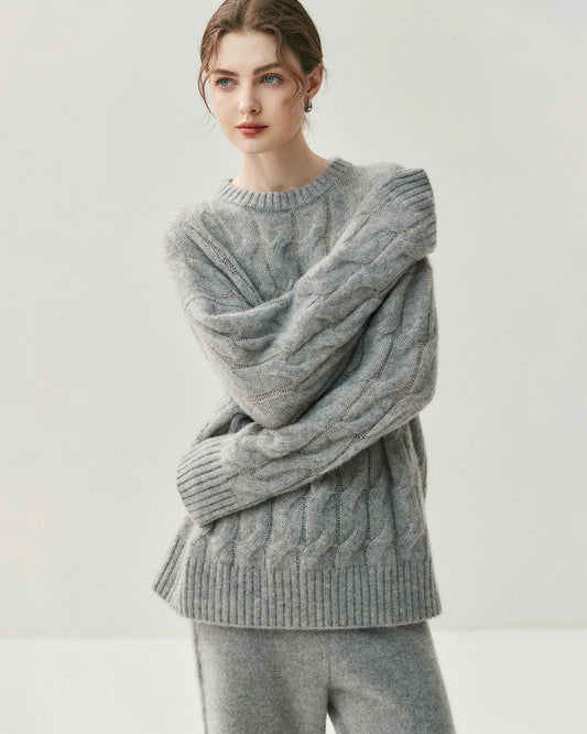 Damen Oversize-Pullover aus Seide-Kaschmir mit Zopfmuster