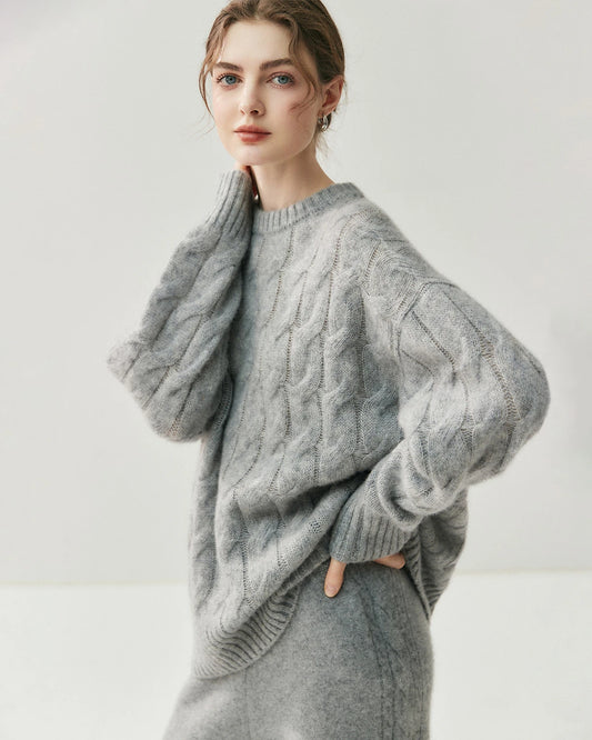 Damen Oversize-Pullover aus Seide-Kaschmir mit Zopfmuster