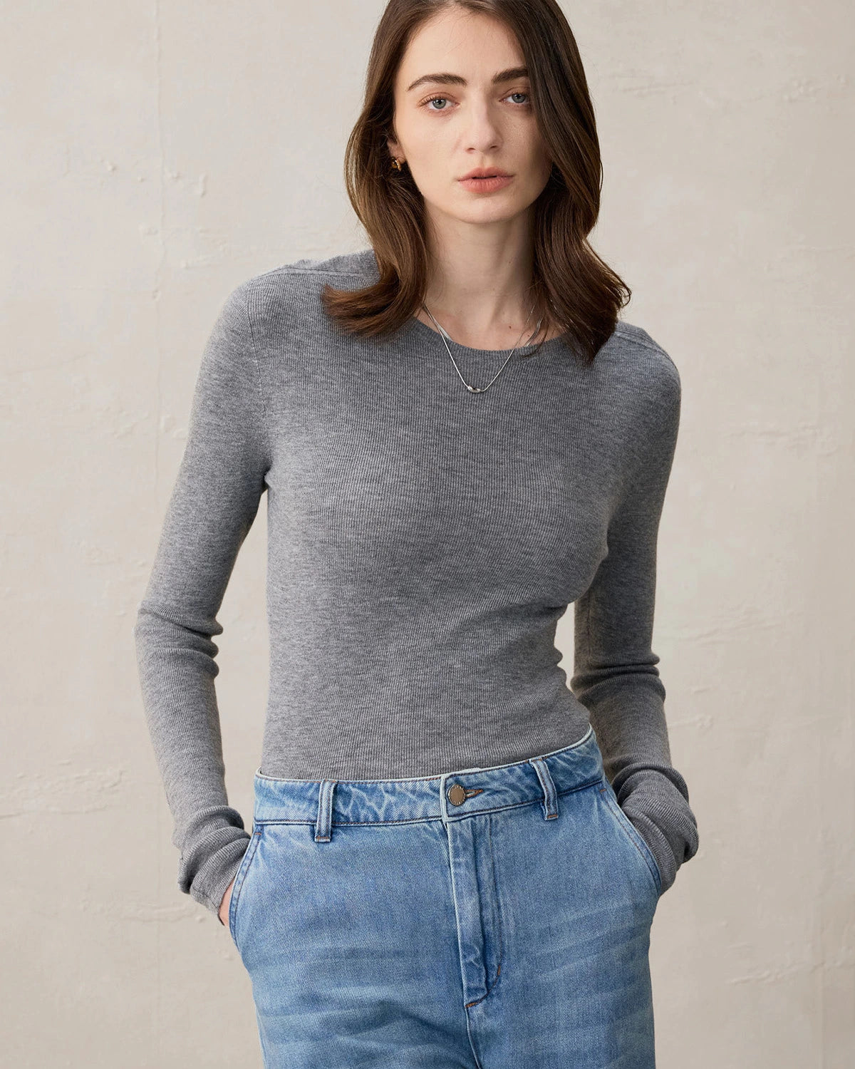 Damen Stricktop aus Wolle und Kaschmir mit Rundhalsausschnitt
