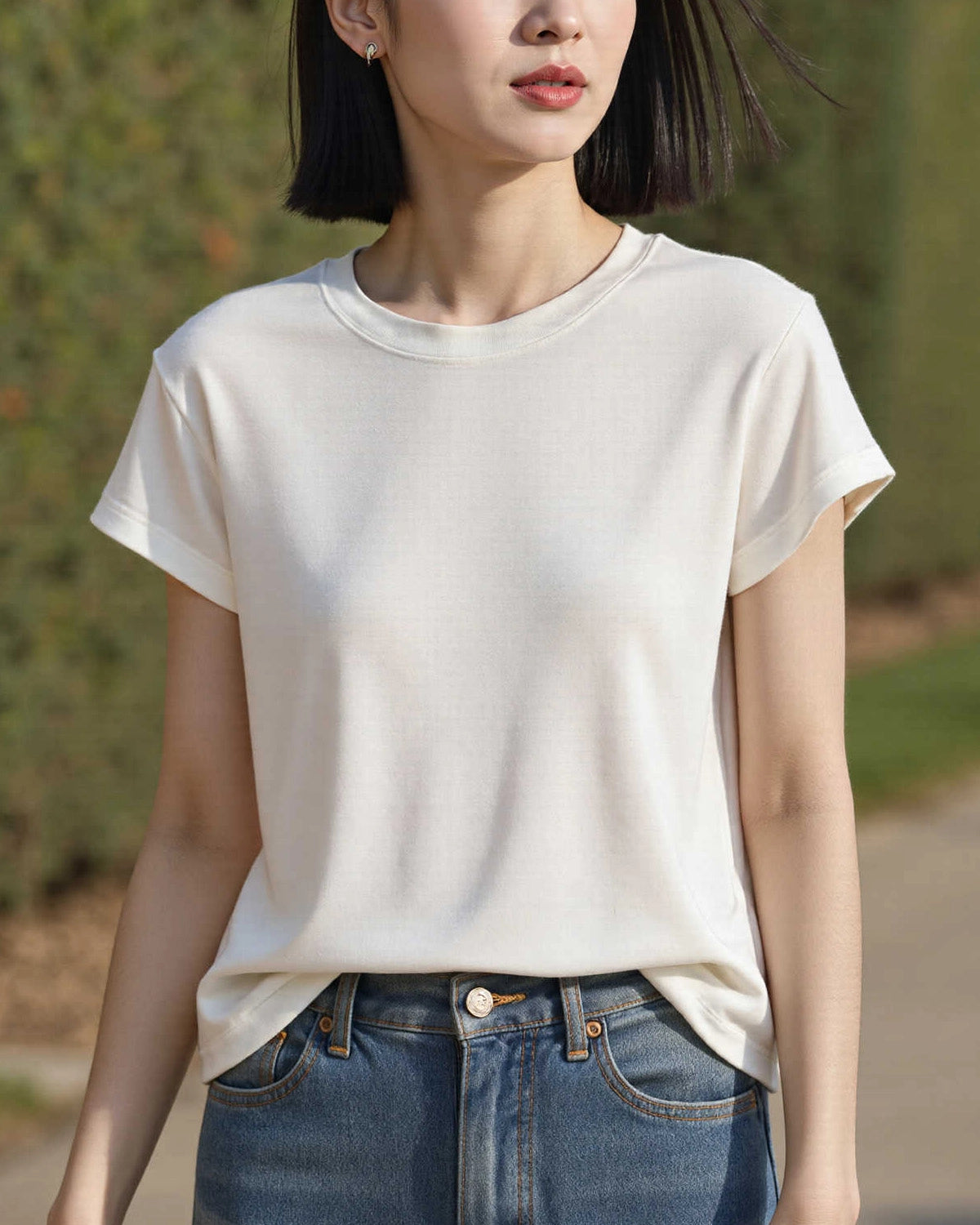 Seidenjersey T-Shirt mit Rundhals – Damen
