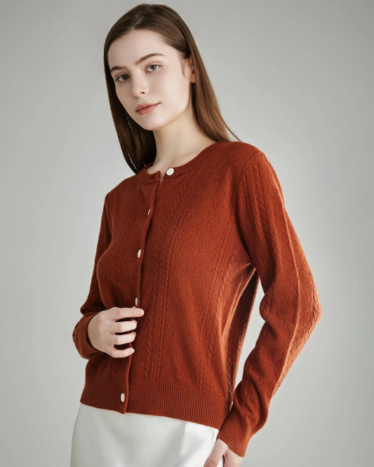 Damen Kaschmir-Knopfjacke mit Kabelstruktur
