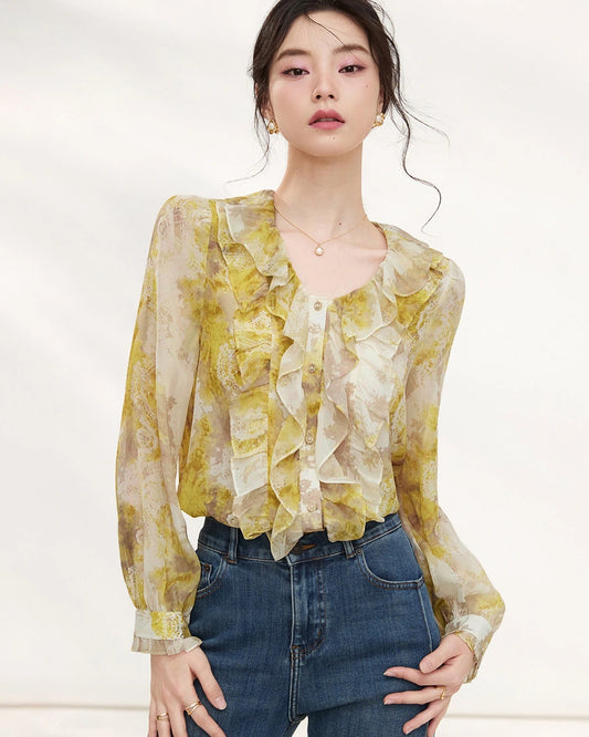 Gelbe Seiden-Bluse mit Blumenmuster und Rüschen