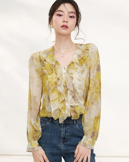 Gelbe Seiden-Bluse mit Blumenmuster und Rüschen