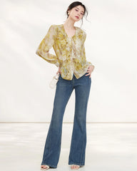 Gelbe Seiden-Bluse mit Blumenmuster und Rüschen