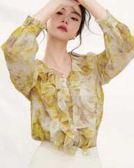 Gelbe Seiden-Bluse mit Blumenmuster und Rüschen