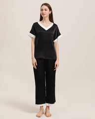 V-Ausschnitt Pullover Seiden Pyjama Set