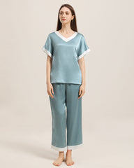 V-Ausschnitt Pullover Seiden Pyjama Set