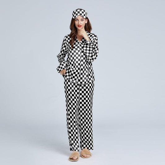 Klassisches Schachbrett-Muster Seiden-Pyjama-Set für Damen