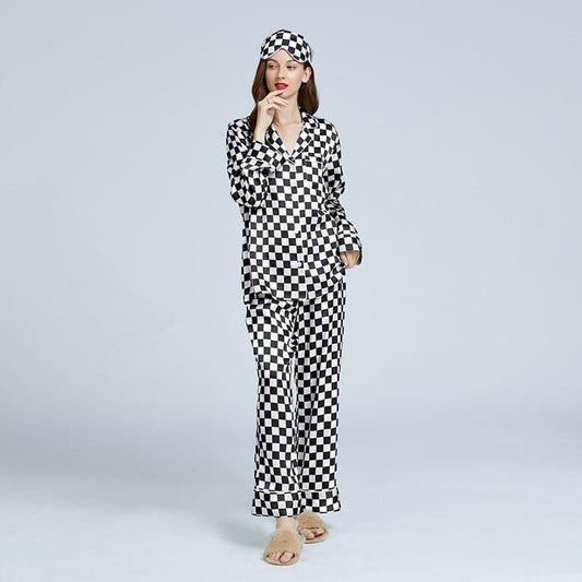 Klassisches Schachbrett-Muster Seiden-Pyjama-Set für Damen